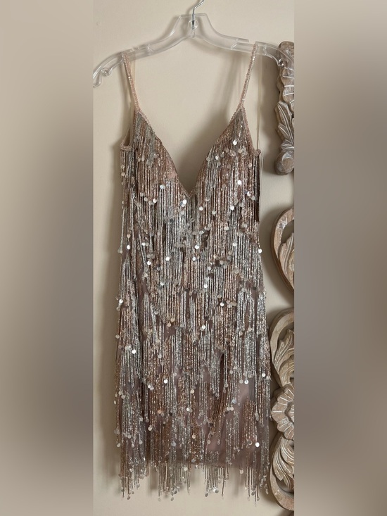 Jovani Dresses & Skirts - Beaded Fringe Sequin Cocktail Dress - Gold and Blush